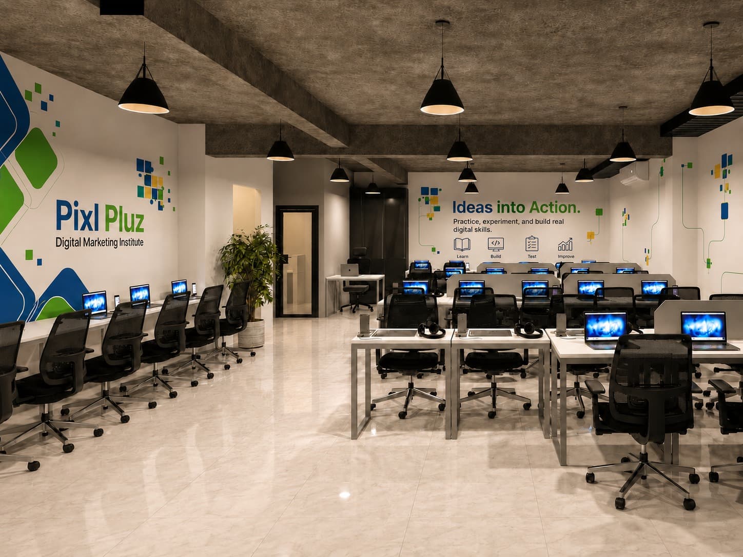 Pixl Pluz Academy digital learning lab with student workstations